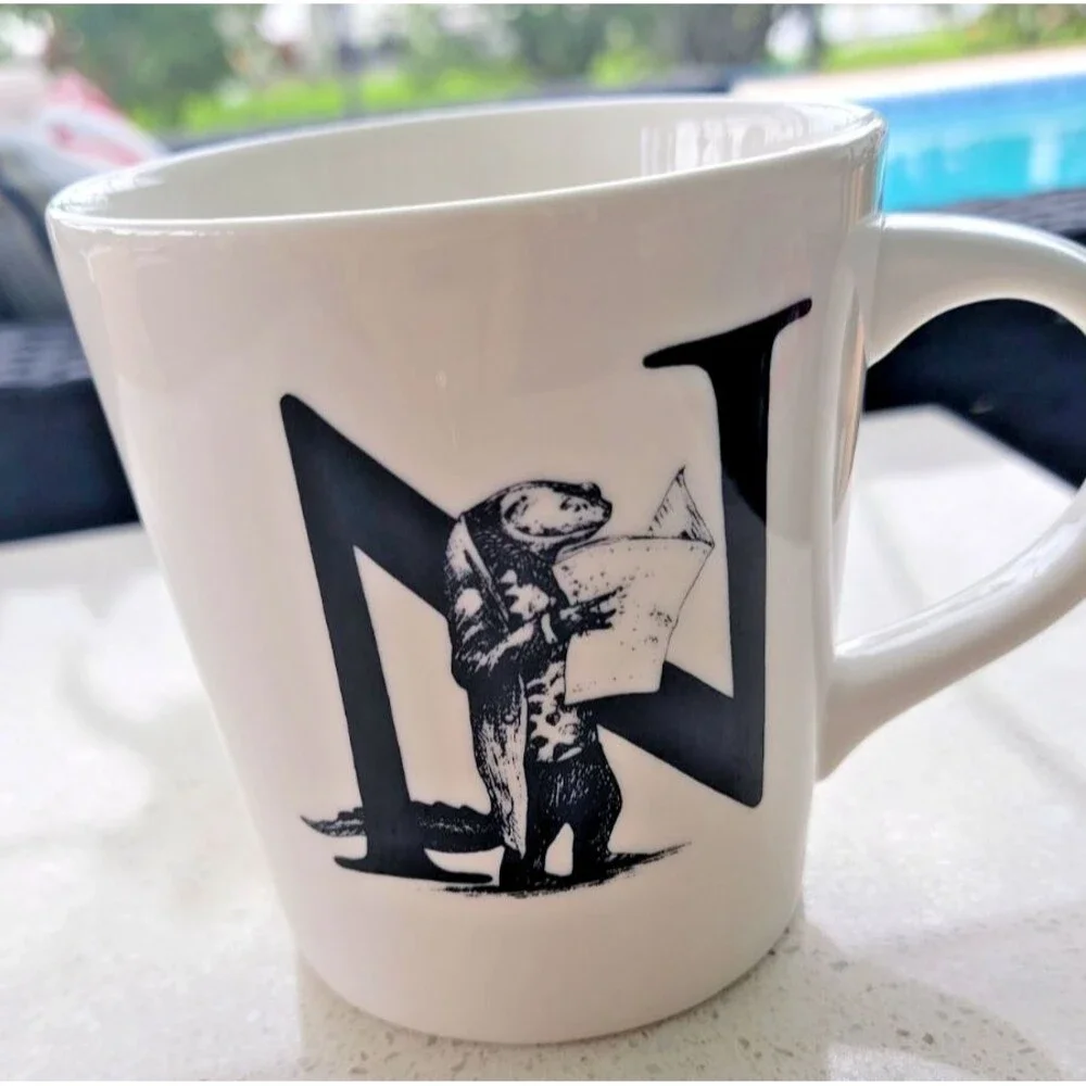 Williams Sonoma Rory Dobner Monogram Initial N NEWT With NEWSPAPER Coffee Mug